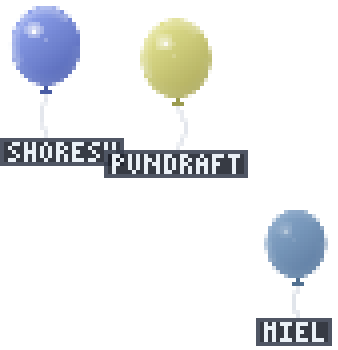 Balloon Strings: three colored balloons on strings wearing name tags, one drooping toward the floor