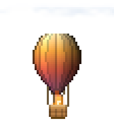 Hot Air Balloon: a small striped balloon rising through wisps of cloud