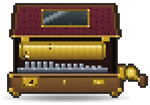 Music Box: an open wooden music box with its brass cylinder and steel comb visible