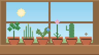 Sill: six pixel houseplants on a windowsill