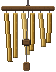 Windchimes: six wooden tubes hanging and swaying from a bracket on the desktop